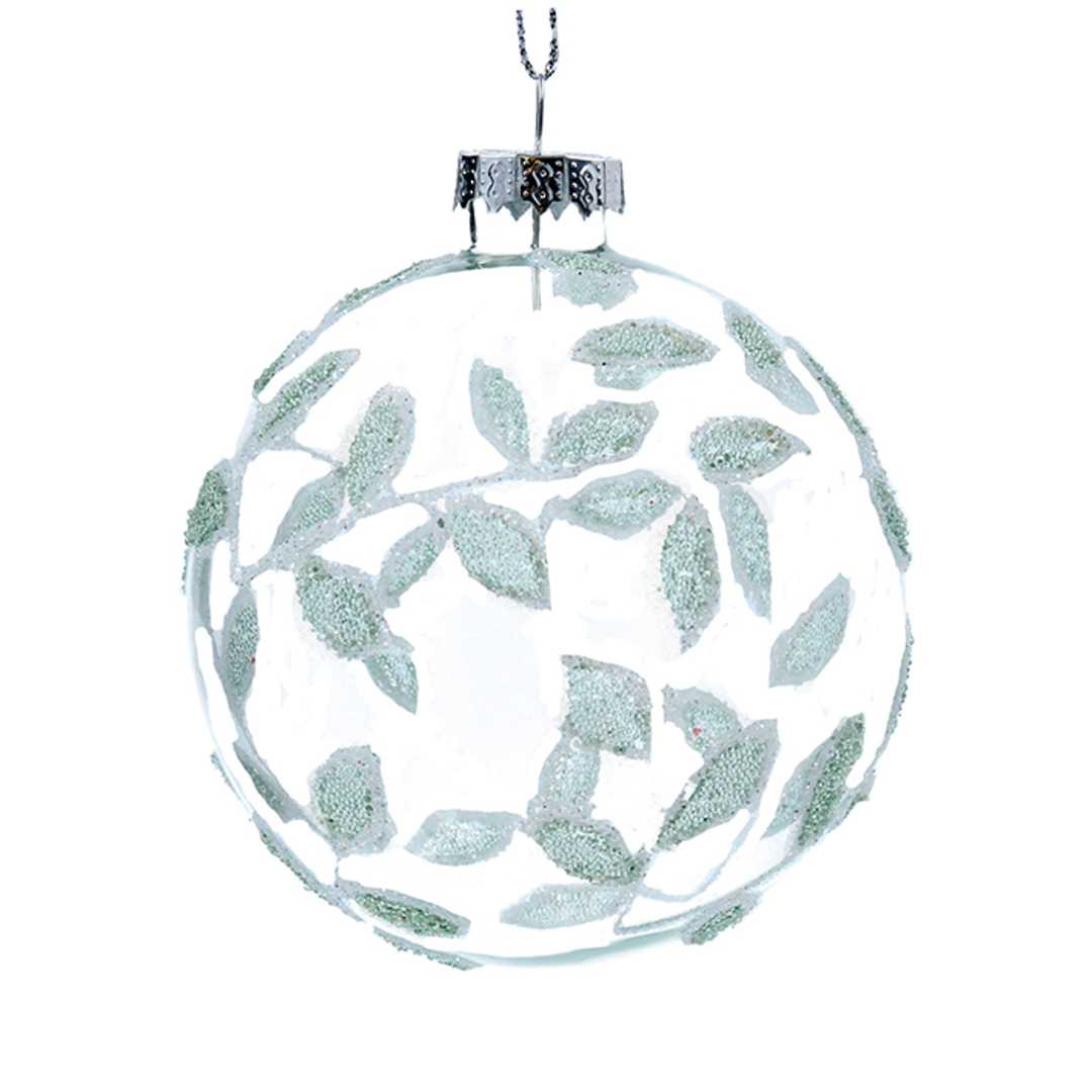 Glass Ball Clear, Sage Green Leaves 8cm image 0