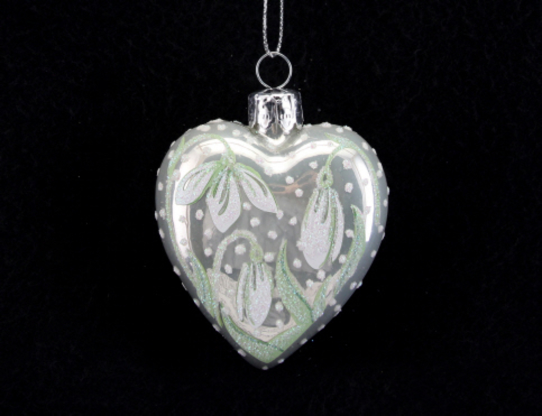 Glass Heart Pearlised White w/ Snowdrops image 0