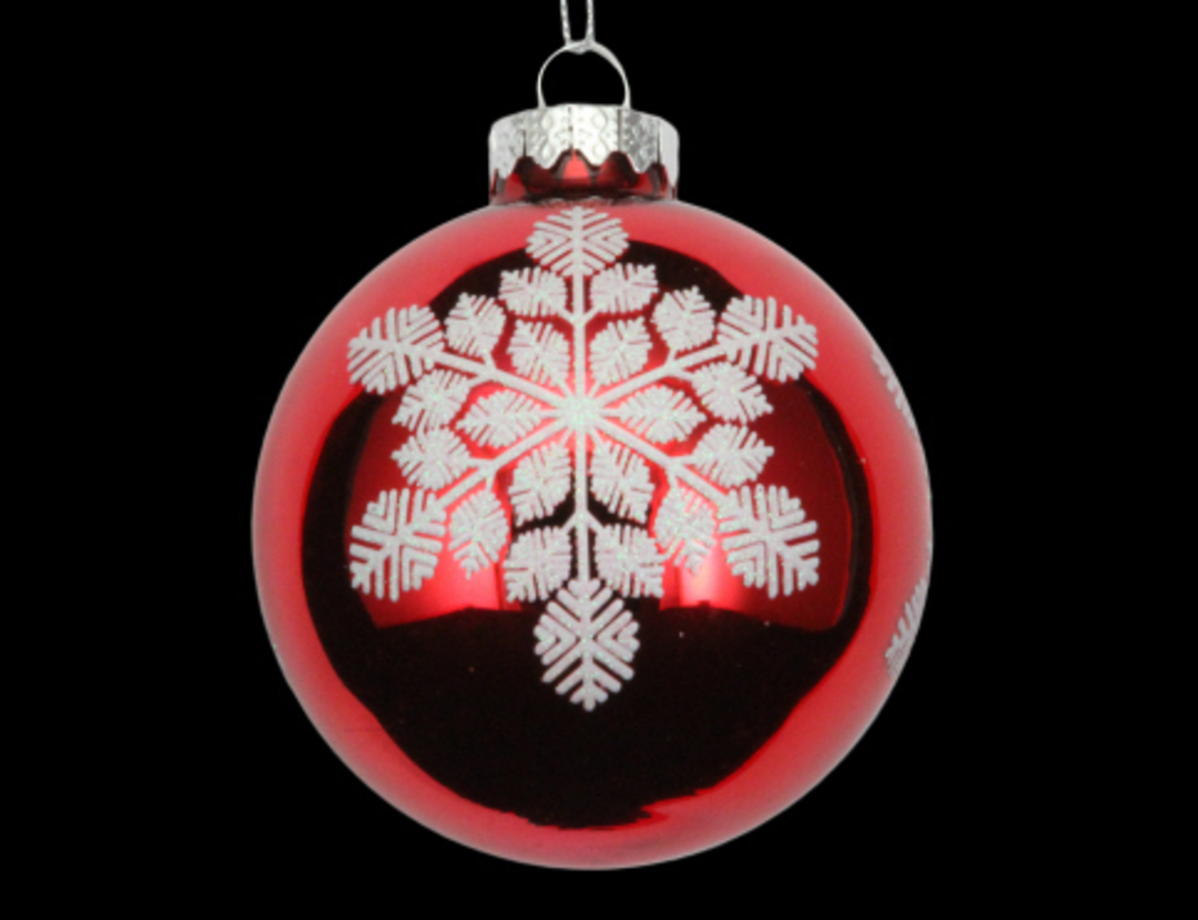 Glass Ball Shiny red with White Snowflake 8cm image 0
