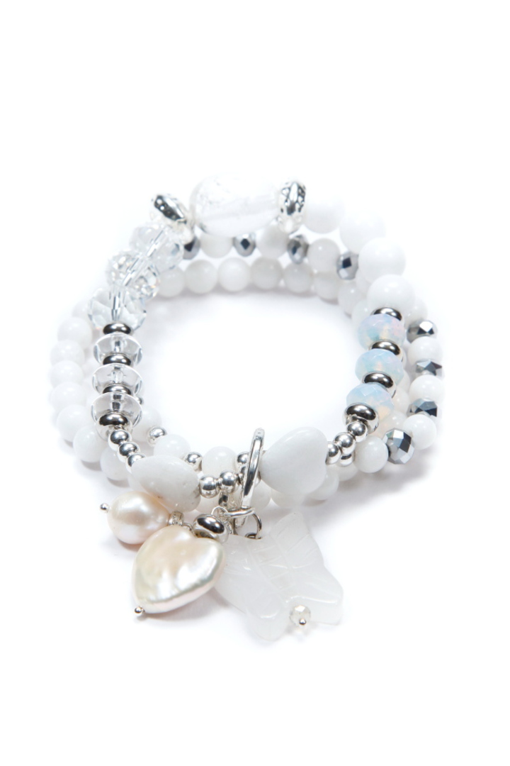 Bracelet, 3 Strand, White Jade, Crystal and Quartz image 0