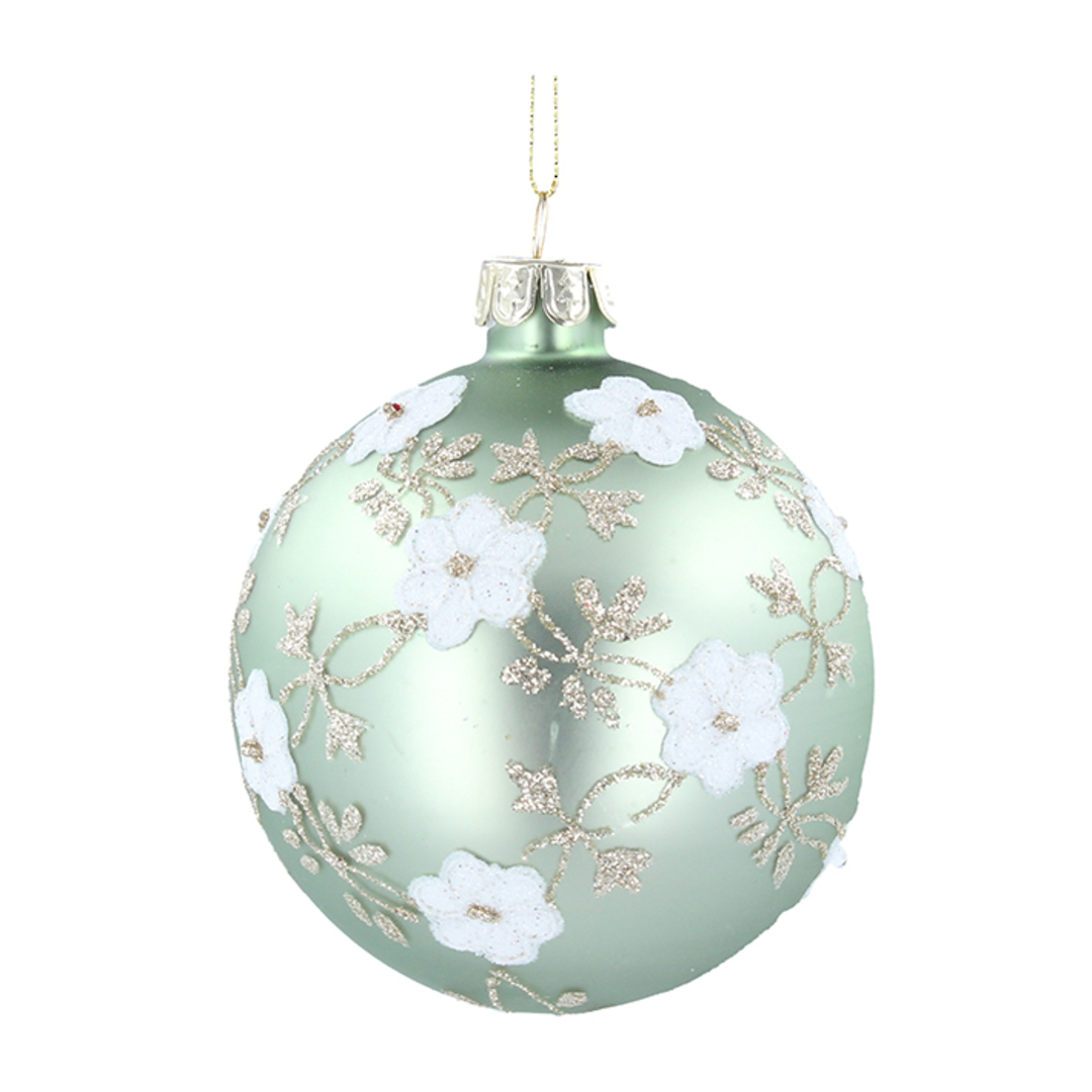 Glass Ball Matt Sage, White Flowers 8cm image 0