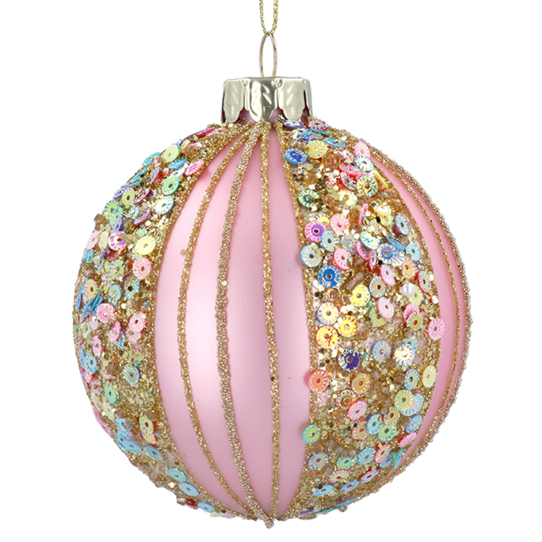 Glass Ball Pink, Gold Multicolour Sequins 8cm *ETA NOV image 0