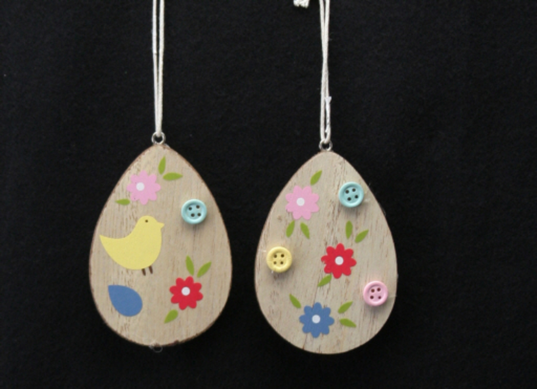Wood with Buttons Egg Hanging Decoration 8cm image 0
