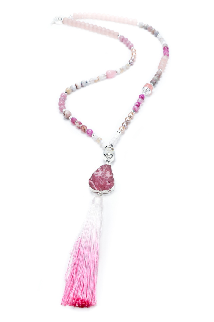 Necklace, Pink Agate, Crystal and Rock Crystal with Charm image 0