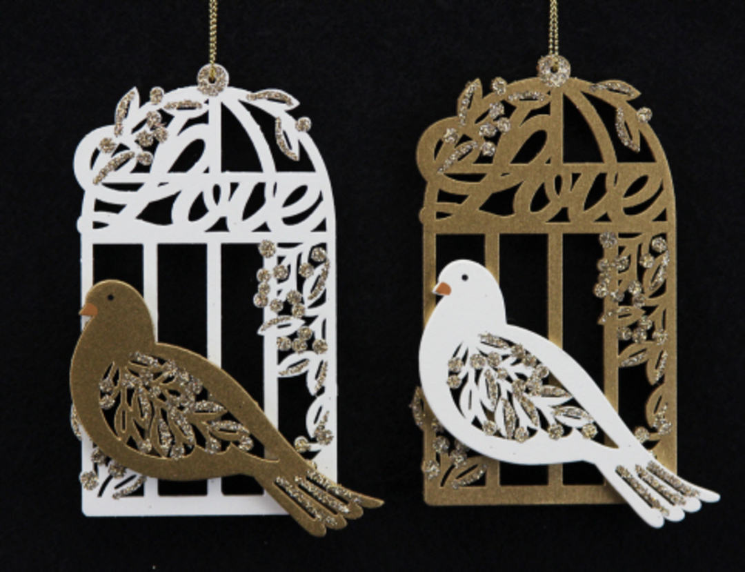 Wood Fretwork Gold & Cream Birdcage with Dove image 0