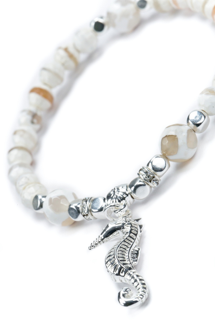 Bracelet, Cream & Caramel Motteled Agate with Seahorse image 0