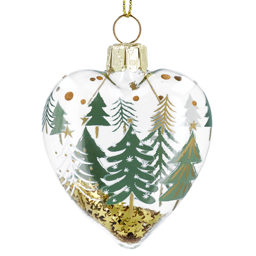 INDENT - Pack 12, Glass Heart Clear, Green Trees Gold Confetti 7x6x2cm image 0