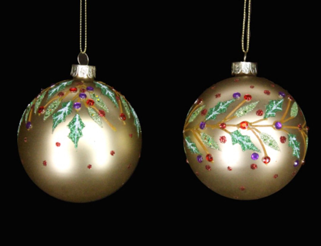Glass Ball Matt Gold with Red Diamantes and Holly image 0