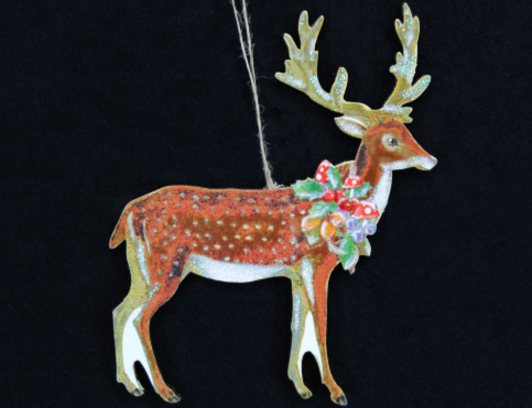 Hanging Wooden Forest Deer with Fruit Wreath image 0