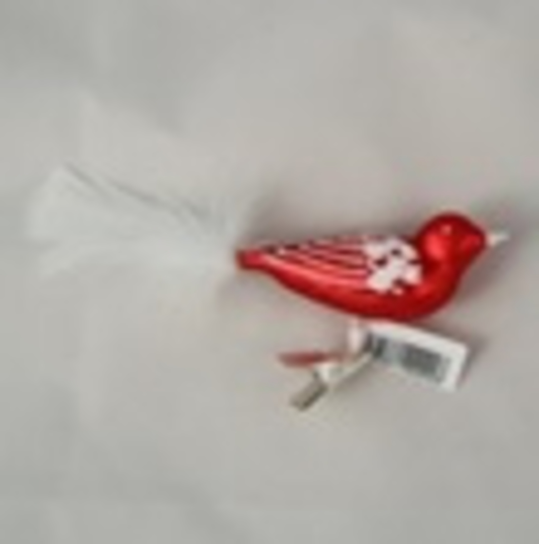 Glass Bird Clip Red with White Decor and White Tail Feathers 6cm image 0