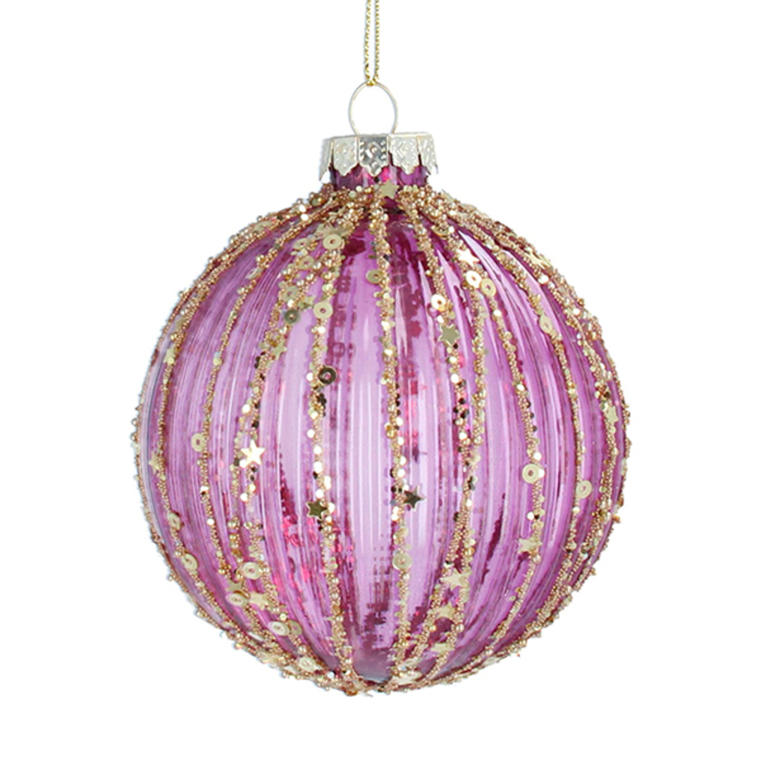 Glass Ball Trans Purple, Gold Ribs 8cm image 0