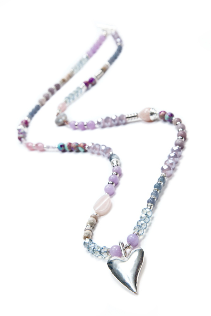 Necklace, Agate, Purple Howlite, Quartz, Pink and Grey Tones with Silver Heart image 0