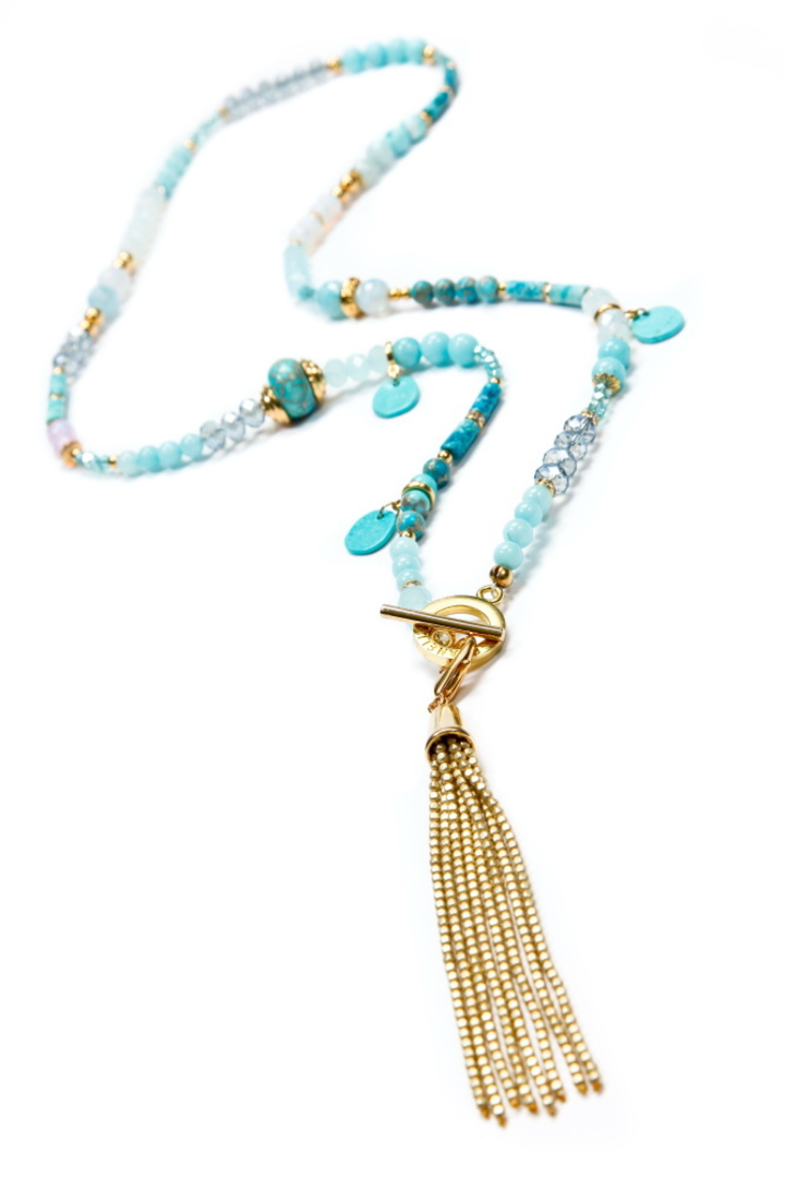 Necklace, Turquiose Howlite, Quartz and Crystal with Gold Tassel image 0