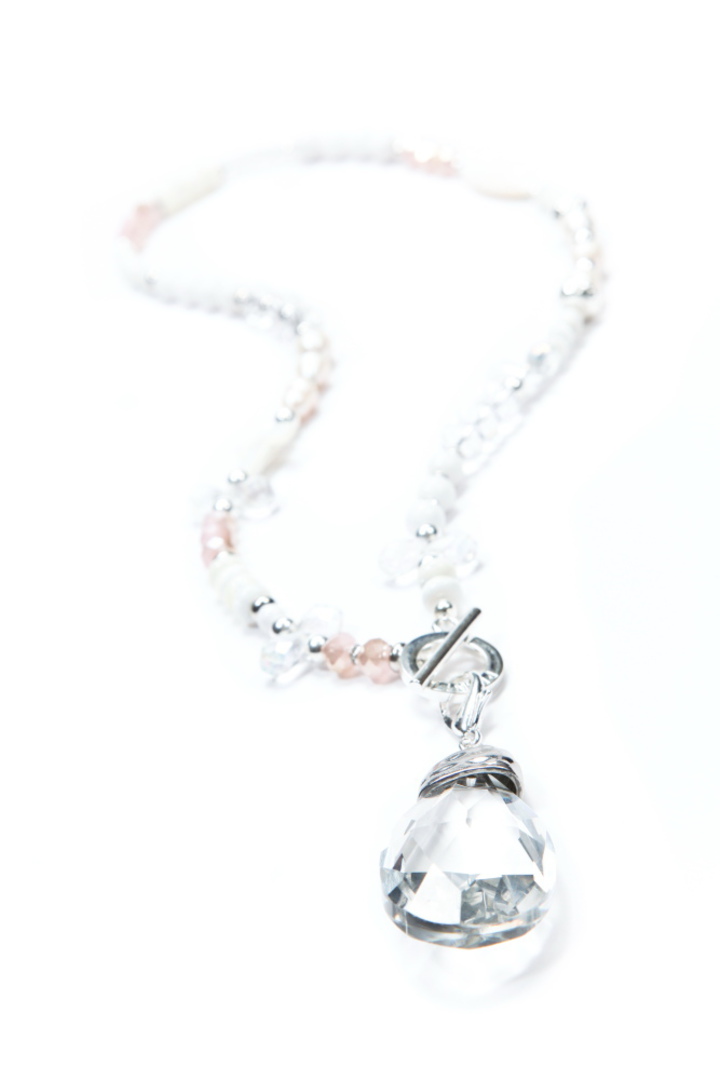 Necklace, Light Pink  and ClearQuartz with Crystal Drop image 0