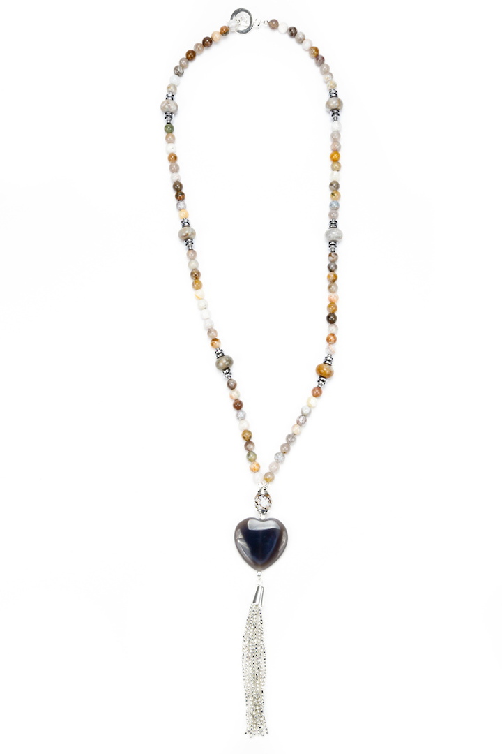 Necklace, Natural Coloured Agate with Heart and Tassel image 0