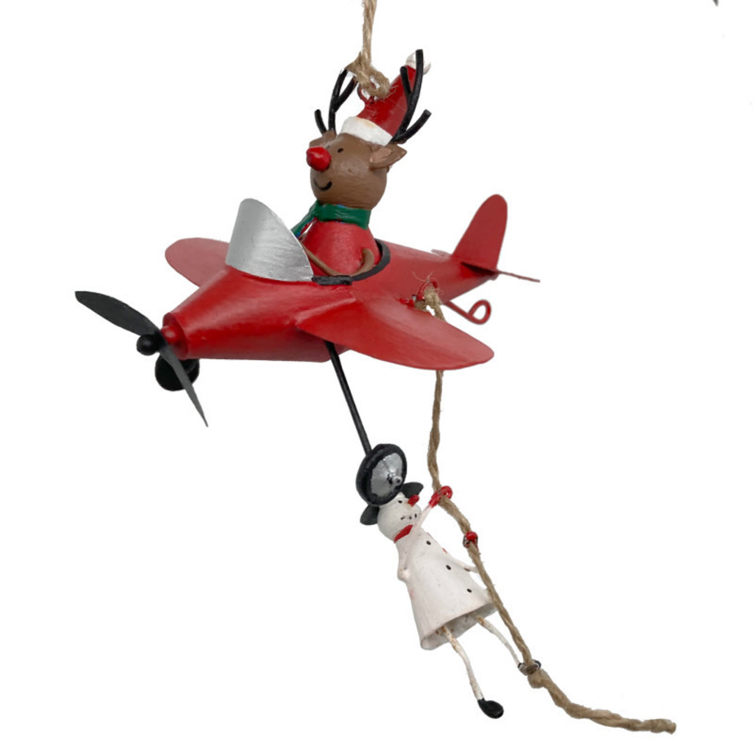 Tin Deer, Red Plane with Snowman on Rope 8x13cm image 0