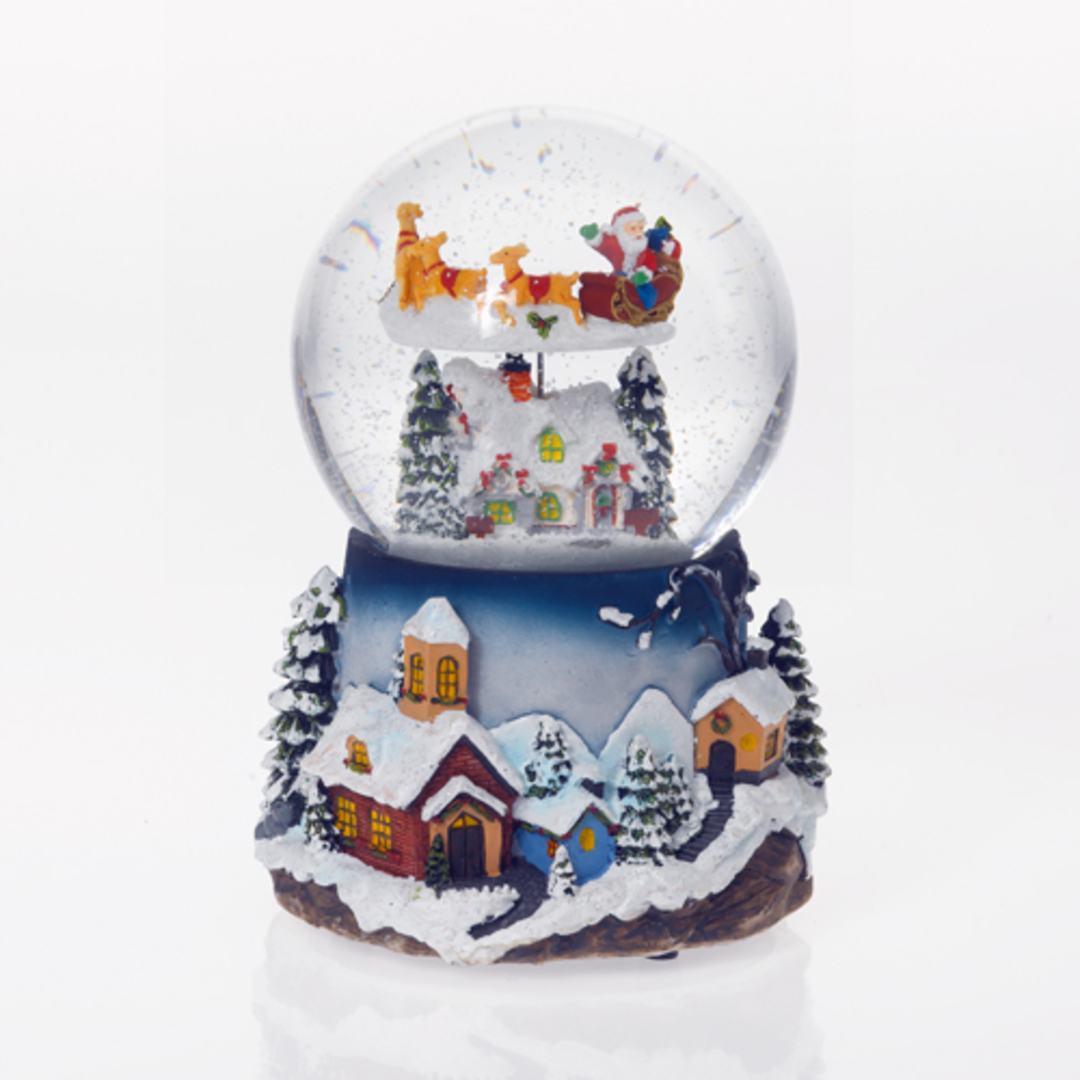 Musical LED SnowGlobe, Santa Sleigh Flying Over LakeHouse SOLD OUT image 0