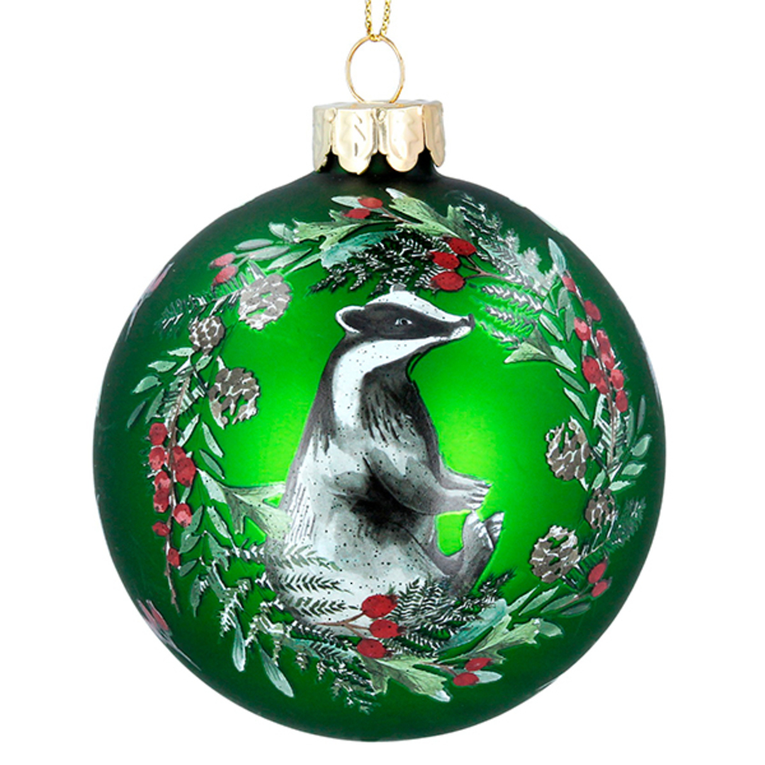 Glass Ball Green, Badger in Wreath 8cm image 0