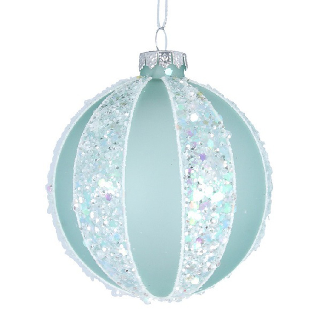 Glass Ball Pale Green, Iridescent Glitter Ribs 8cm *ETA NOV image 0