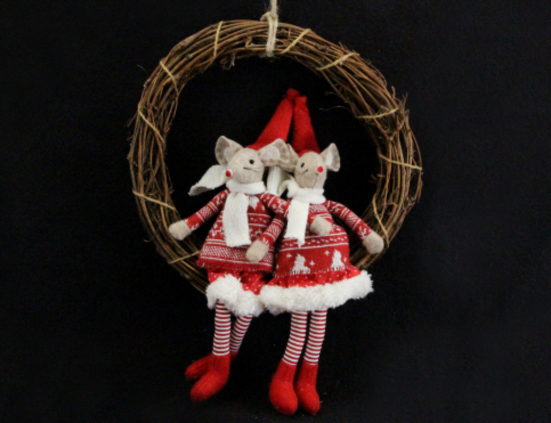Hanging Fabric Dressed MIce in Twig Wreath image 0