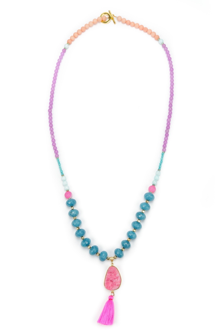 Necklace, Vibrant Coloured Jade with Rock Crystal & Tassel image 0