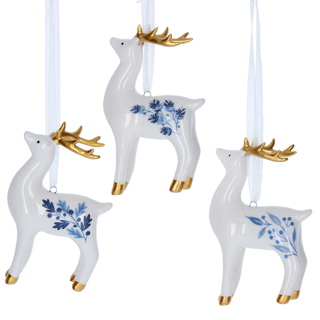 Ceramic White with Blue Leaves Reindeer 10cm image 0