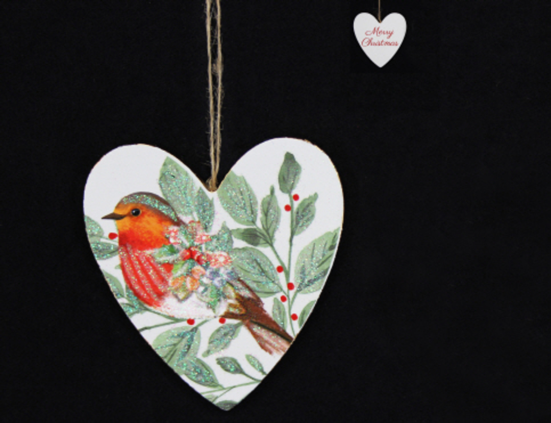 Hanging Wooden Forest Robin Heart image 0