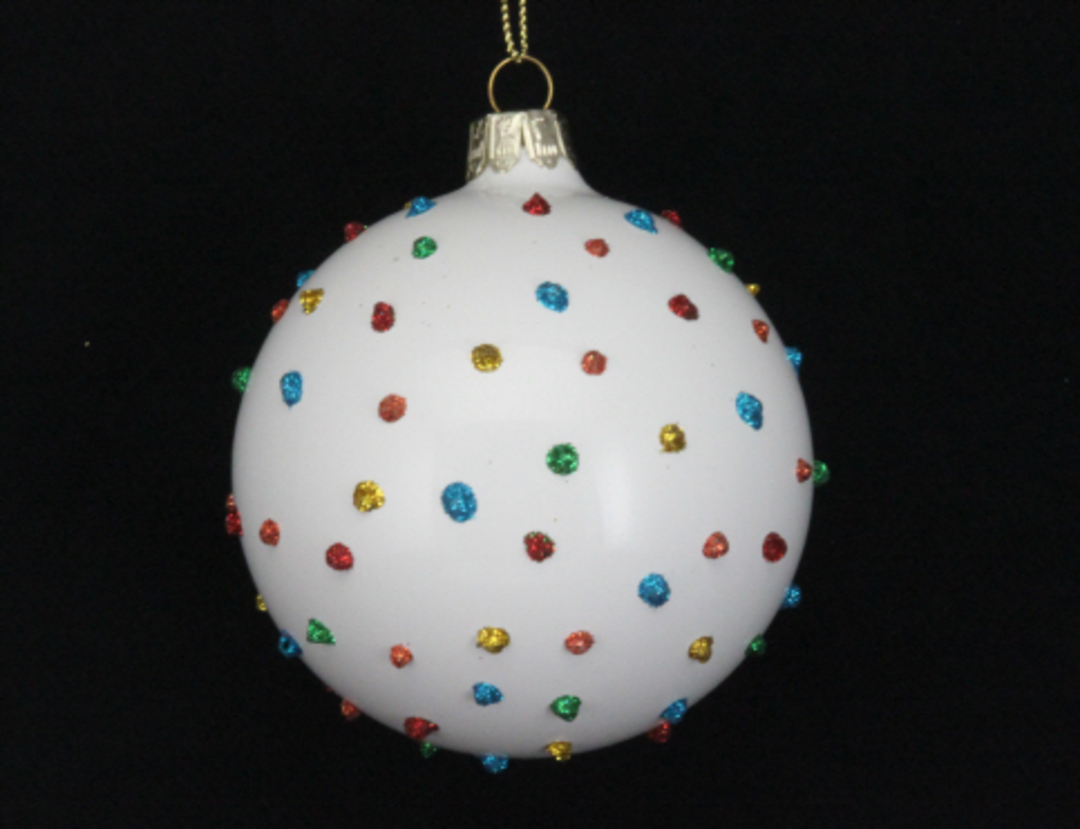 Hanging Glass Ball White w/Coloured Glitter Dots 8cm image 0