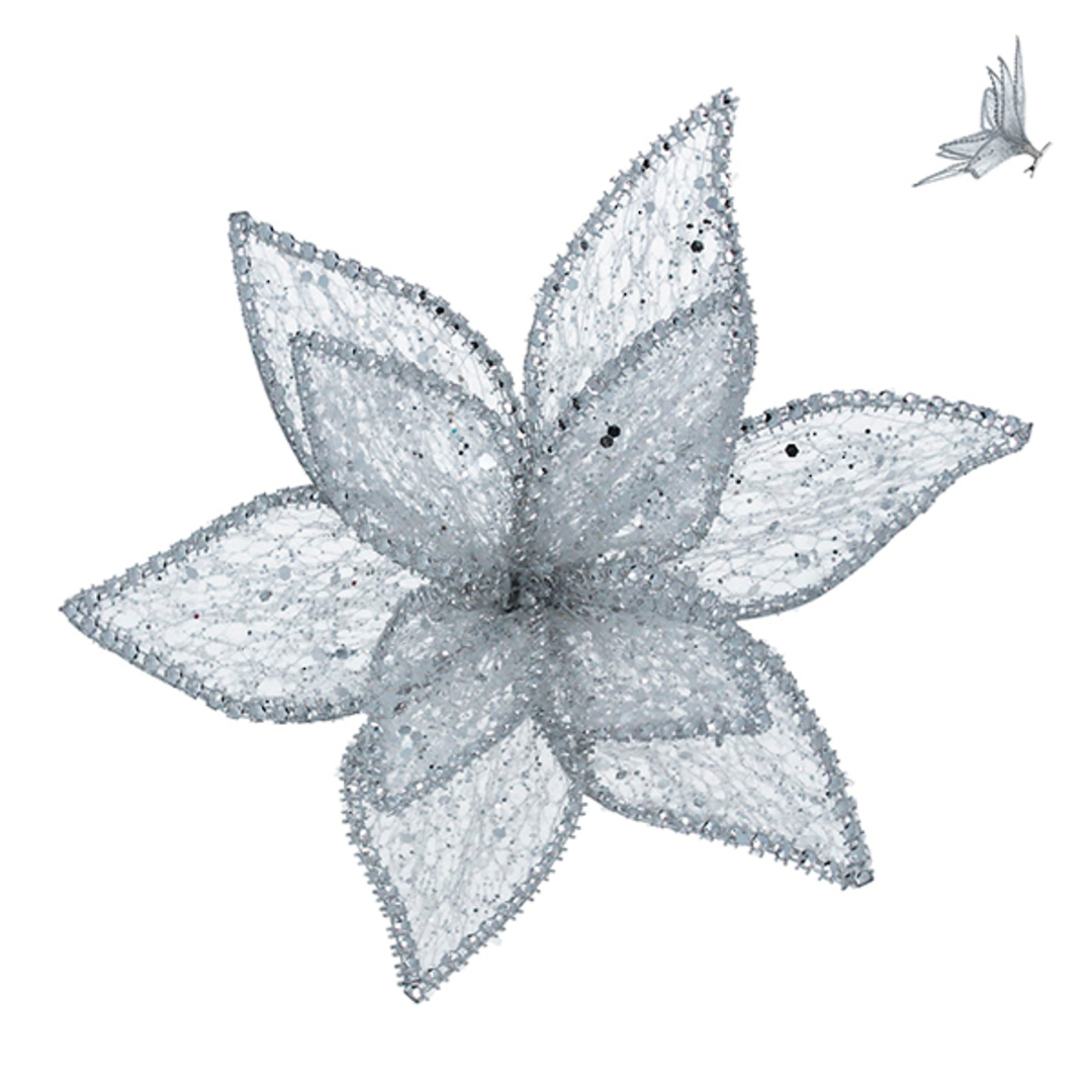 Sheer Silver Bead Poinsettia Clip 20cm image 0