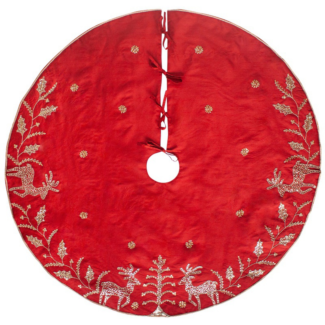 Xmas Tree Skirt, Silky Red with Gold Sequins image 0