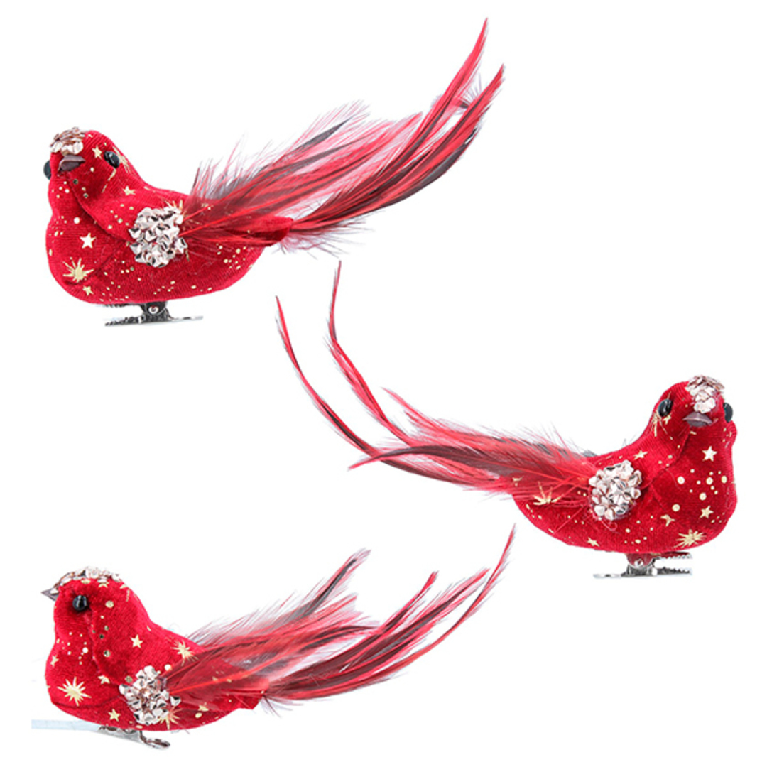 BirdClip, Red Fabric Feather and Stars image 0
