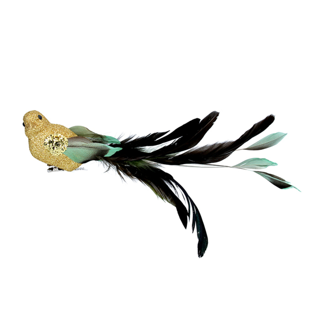 Bird Clip Gold Glitter, Green Feather Tail 24cm image 0