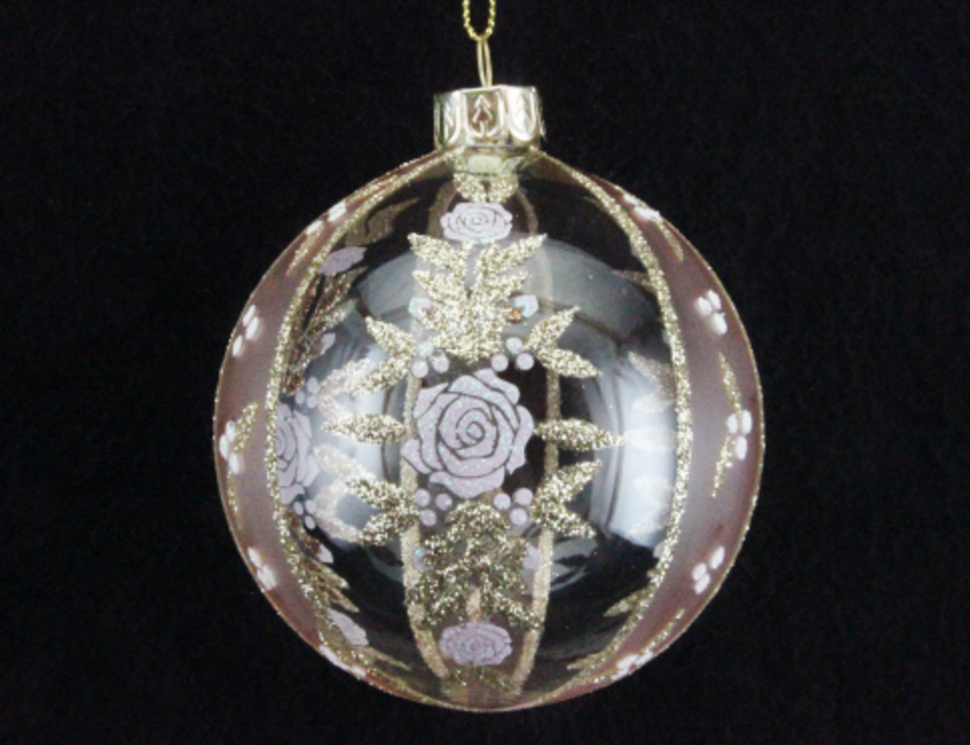 Glass Ball Clear and Opaque Pink with Gold Roses image 0