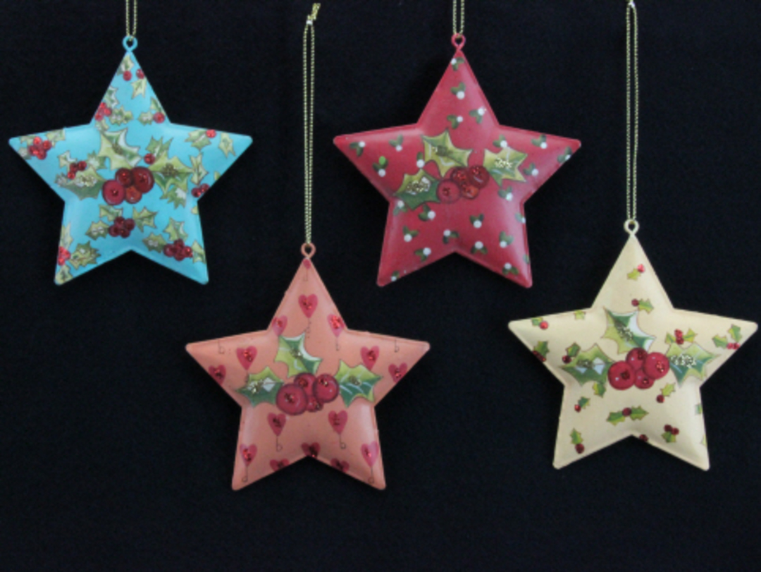 Metal Painted Hanging Star w/Holly 9cm image 0