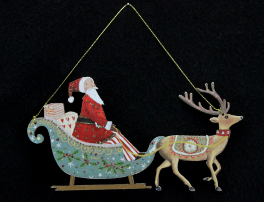Hanging Wooden Old Time Santa in Sleigh with Reindeer image 0