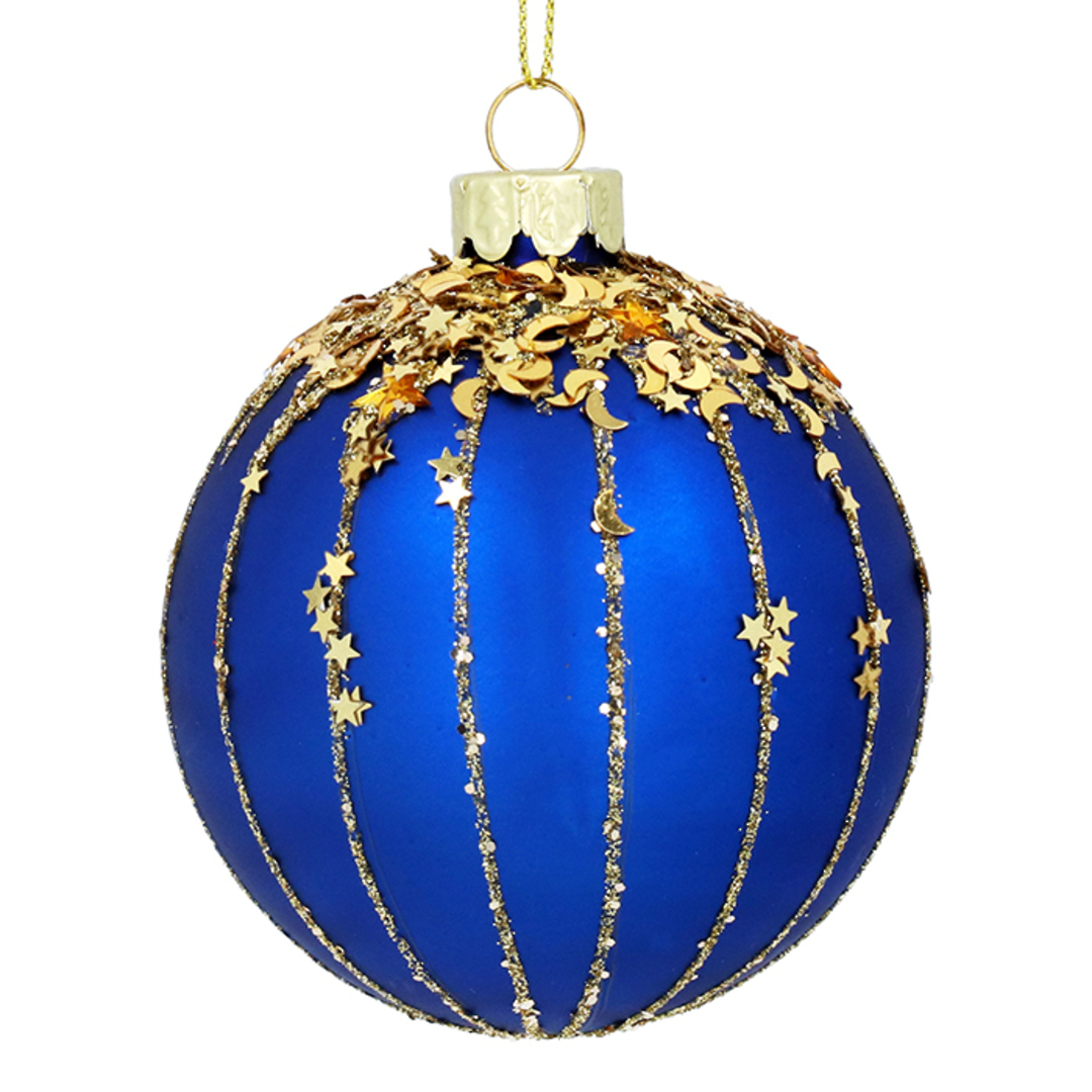 INDENT - Pack 12, Glass Ball Blue, Gold Glitter Star Strips 8cm image 0