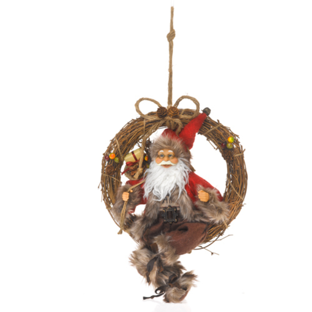 Christmas Wreath Santa w Red/Beige Outfit Sitting on Twig Wreath 40cm image 0