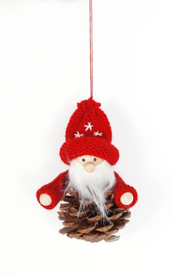 Hanging Scandi Pincone Santa witn Knitted Hat image 0