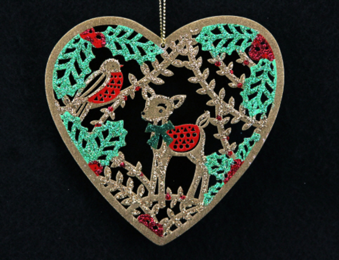 Hanging Wooden Fretwork Heart with Deer and Robin image 0