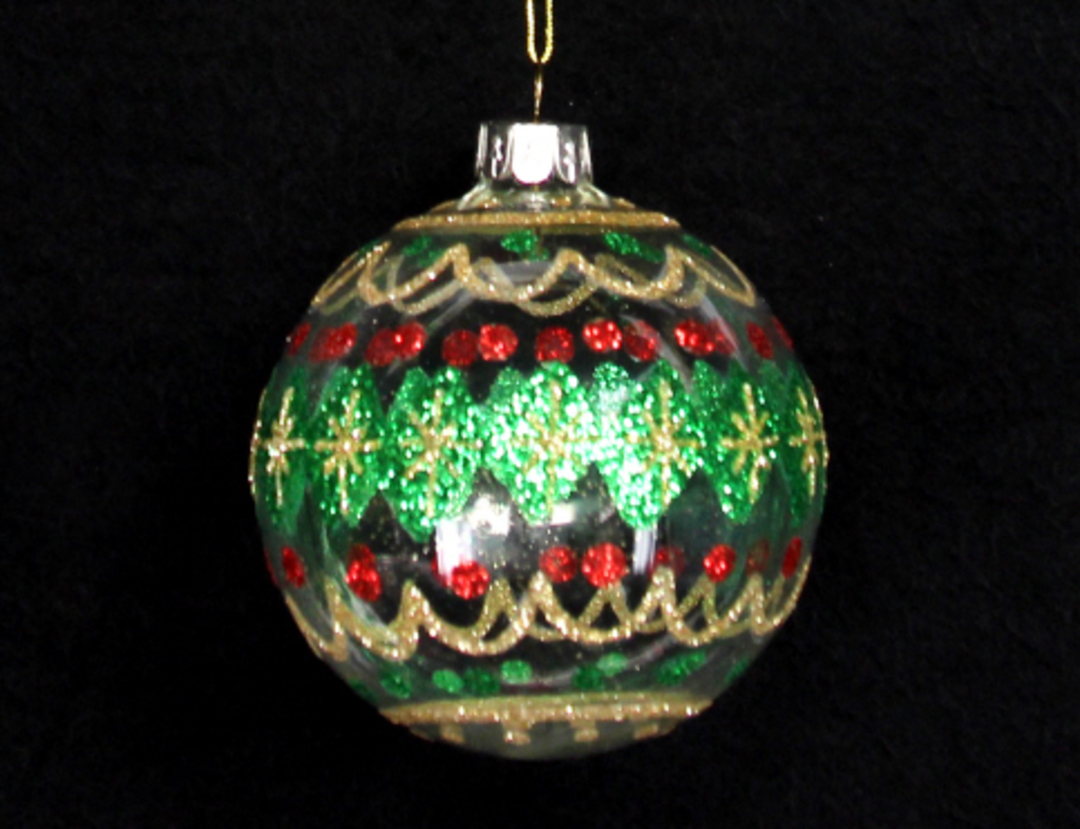 Glass Ball  Clear with Glitter Green, Red & Gold Pattern 8cm image 0