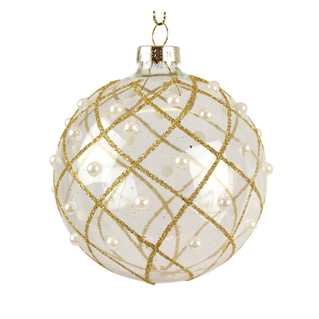 Glass Ball Clear, Gold Trellis with Pearl 8cm image 0
