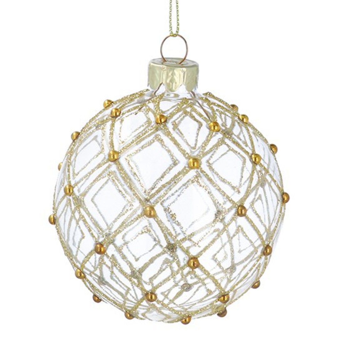 INDENT - Pack 12, Glass Ball Clear, Gold Trellis & Dot 8cm image 0