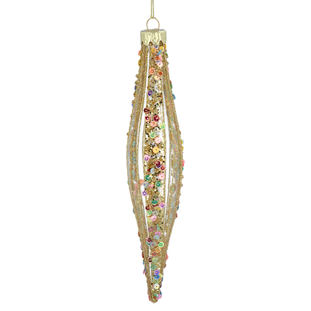 INDENT - Pack 12, Glass TearDrop Clear, Gold & Multi Colour Sequins 19x4cm image 0