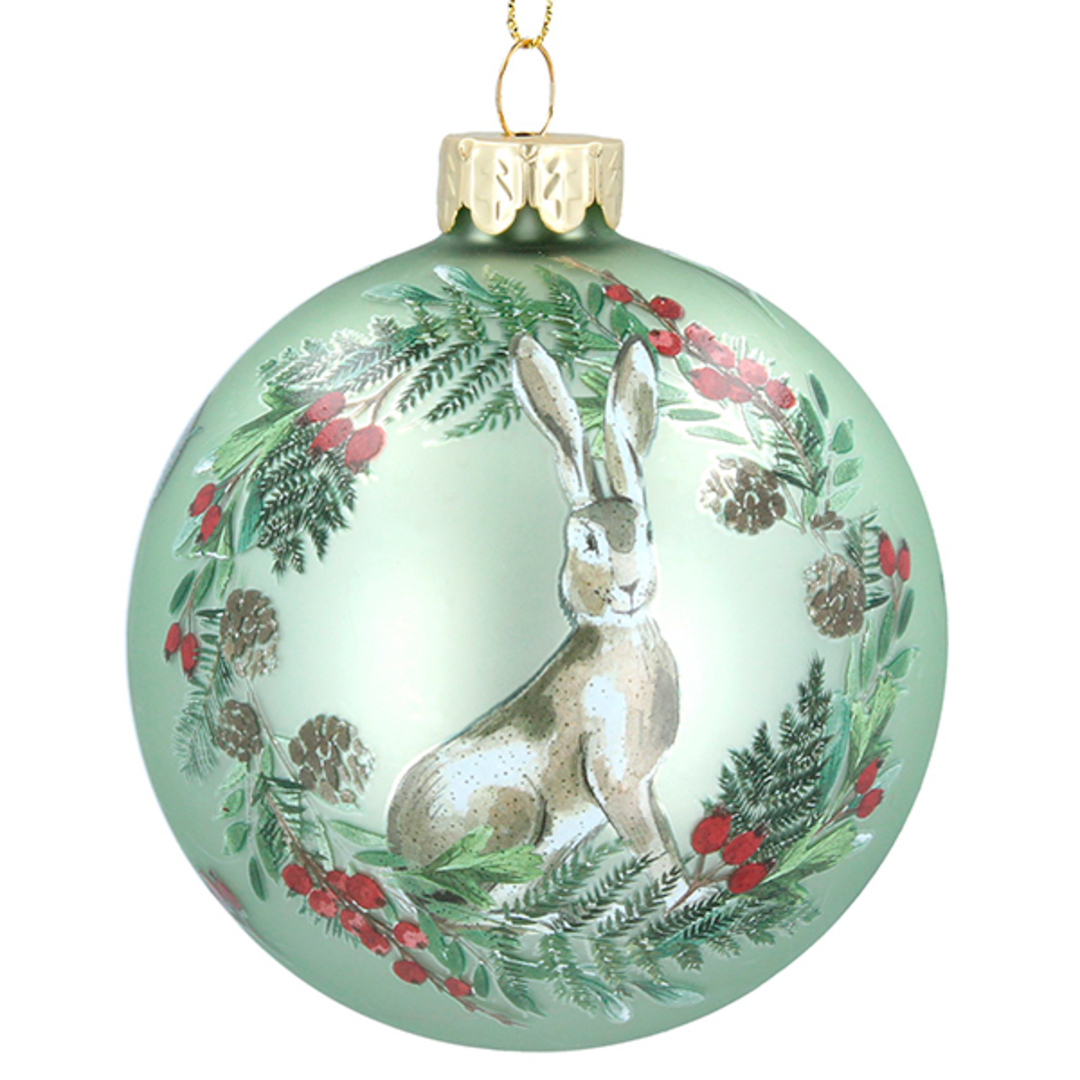 Glass Ball Green, Hare in Wreath 8cm image 0