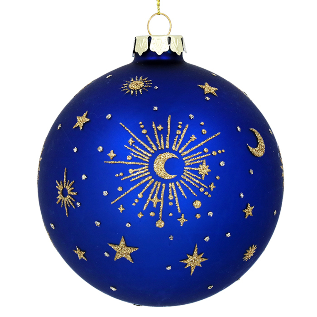 INDENT - Pack 12, Large Glass Ball Blue, Gold Moons & Stars 10cm image 0