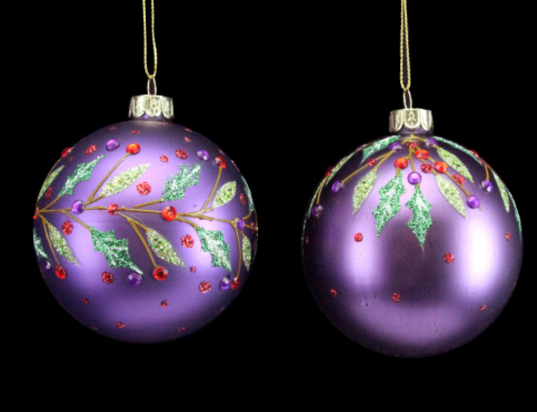 Glass Ball Matt Purple with Red Diamantes and Holly image 0