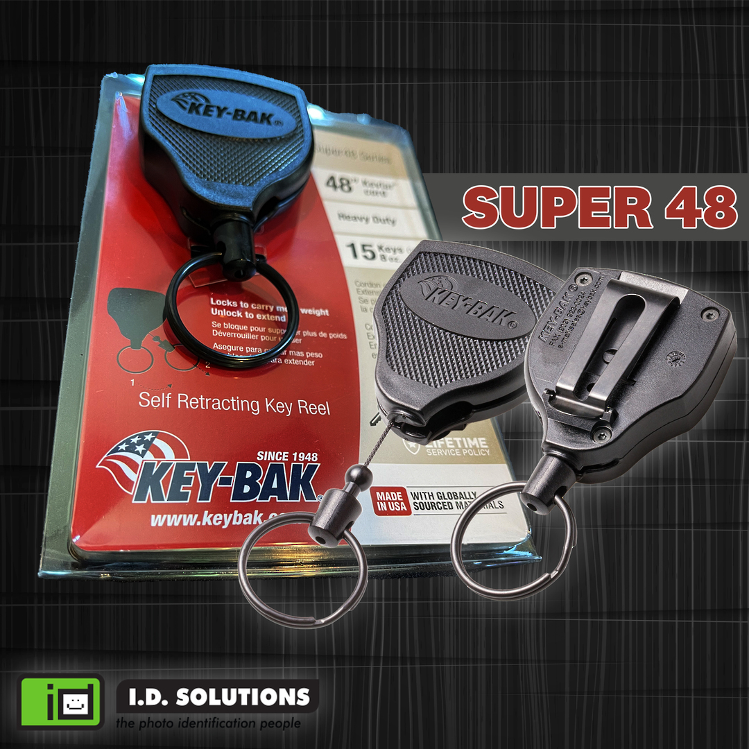 KEY-BAK SUPER48 Heavy Duty 8oz. Locking Retractable Reel, 48 Kevlar Cord,  Black Polycarbonate Case, Leather Duty Belt Loop, Oversized Split Ring