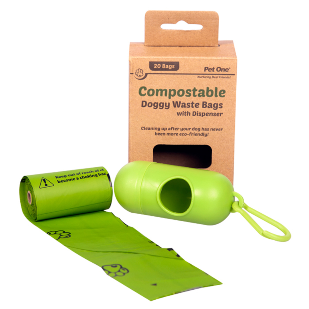 Pet One Doggy Waste Bags Compostable 1 Roll X 20 Bags Per Roll & Dispenser image 0