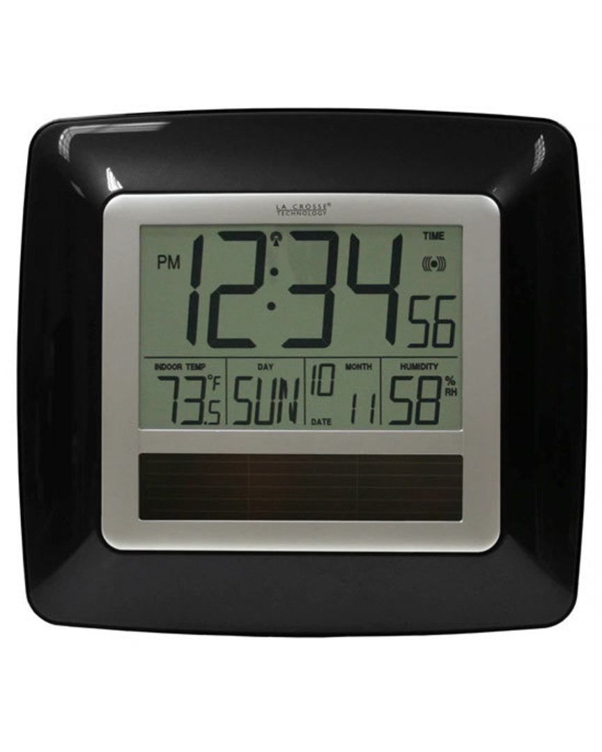 WT-8112U-BL Black Panel Solar Digital Wall Clock with Indoor Tempe Humidity image 0
