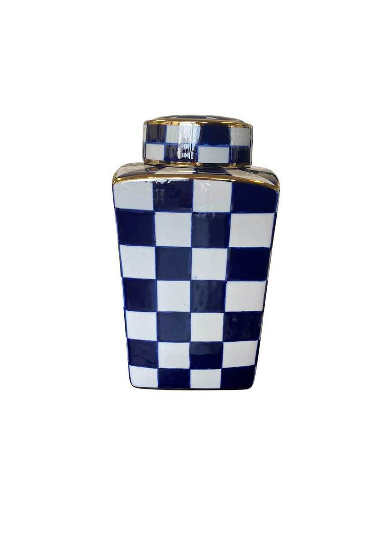 SET/2 CHECKED DESIGN VASES WITH LID image 1
